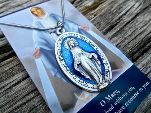 Large Blue Enamel Miraculous Medal, 18" Stainless Steel Snake Chain Miraculous Necklace, Our Lady of Grace Medal, Medal Measures 1 3/4 inch, Comes with Prayer Card in Saudi Arabia