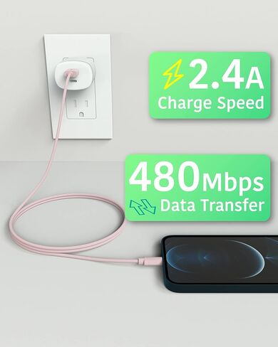 TALK WORKS كابل شاحن Lightning متوافق مع iPhone 13/Pro/Pro Max، 14/Plus/Pro/Pro Max، 12، 11 Pro/Max/Mini، XR، XS/Max، X، 8، 7، 6، 5، SE، iPad، AirPods، ساعة - سلك 12 بوصة - معتمد من MFI (وردي) in Kuwait