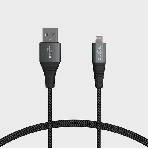 zutBe Shield USB-A to Lightning Silver&Black MFi Certified Lightning Cable, Reinforced Braided Kevlar Charger Compatible with All iPhone 12, SE, 11, X, 8, 7, 6, iPad, iPod (10 Ft) in Saudi Arabia