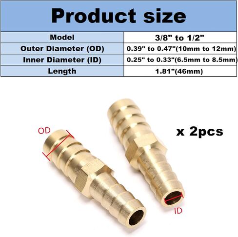 2pcs Brass Hose Barb OD (3/8" to 1/2") for Air Water Fuel Hose Adapter Joiner Reducer Connector (2pcs 10mm-12mm) in Saudi Arabia
