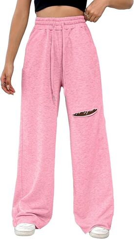SweatyRocks Women's Ripped Drawstring High Waist Baggy Straight Leg Joggers Sweatpants with Pockets in Saudi Arabia