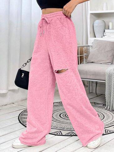 SweatyRocks Women's Ripped Drawstring High Waist Baggy Straight Leg Joggers Sweatpants with Pockets in Saudi Arabia