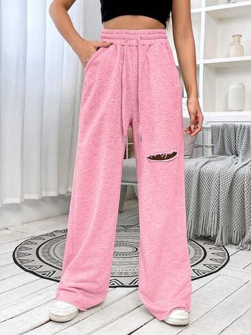 SweatyRocks Women's Ripped Drawstring High Waist Baggy Straight Leg Joggers Sweatpants with Pockets in Saudi Arabia