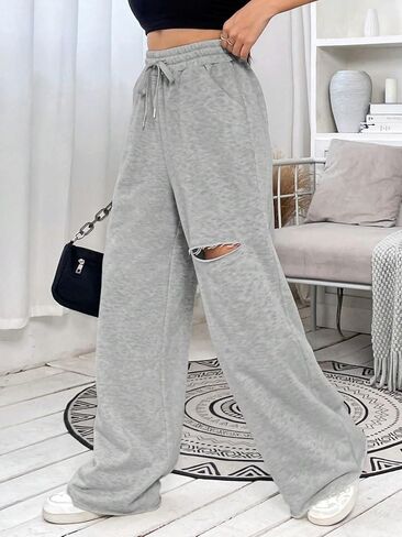 SweatyRocks Women's Ripped Drawstring High Waist Baggy Straight Leg Joggers Sweatpants with Pockets in Saudi Arabia