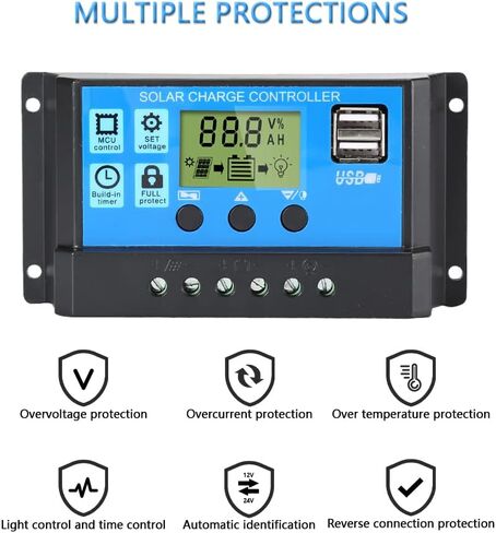 30A PWM Solar Charge Controller, 12V 24V Solar Panel Battery Intelligent Regulator with Dual USB Port, Auto Parameter Adjustable LCD Display, Timer Setting, Multiple Load Control Modes in Saudi Arabia