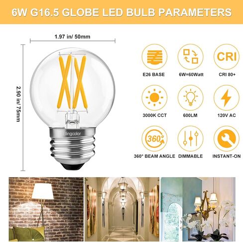 6 عبوات من مصابيح الإضاءة G16.5 LED القابلة للتعتيم بقدرة 60 وات، مصابيح E26 LED بقدرة 60 وات باللون الأبيض الناعم 3000K، 6W E26 Globe LED Edison لمبة إضاءة صغيرة لثريا سبوتنيك، مصابيح الغرور، CRI80+، AC120V، 600lm in Kuwait