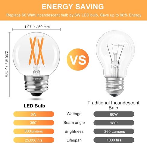 6 عبوات من مصابيح الإضاءة G16.5 LED القابلة للتعتيم بقدرة 60 وات، مصابيح E26 LED بقدرة 60 وات باللون الأبيض الناعم 3000K، 6W E26 Globe LED Edison لمبة إضاءة صغيرة لثريا سبوتنيك، مصابيح الغرور، CRI80+، AC120V، 600lm in Kuwait