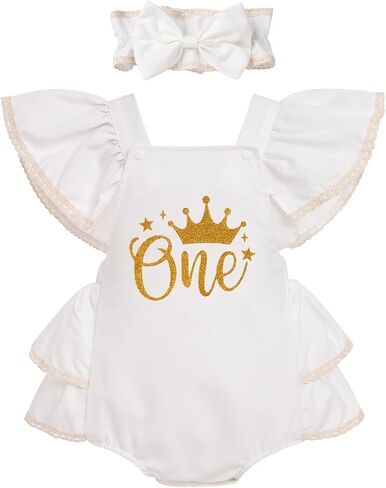 OBEEII First Birthday Outfit Girl, Ruffle Sleeve Crown/Strawberry Romper + Headband Cake Smash Photoshoot Summer Outfit in Saudi Arabia