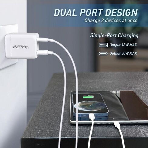 شاحن حائط USB C، شاحن سريع 30 وات GaN II ثنائي المنافذ، شحن سريع لأجهزة iPhone14/13/12/11/Pro Max/Pro/Plus/Mini، iPad Pro/Air/Mini، سلسلة Samsung Galaxy S22/S21 (أبيض ) in Kuwait