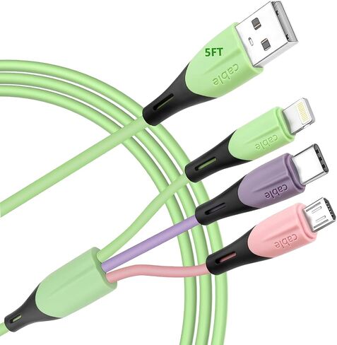 كابل شحن متعدد بطول 5 أقدام، 2 حزمة 3 في 1 كابل شاحن USB متعدد محول سلك شاحن الهاتف العالمي مع منفذ IP/USB C/Micro USB، للهاتف 15 14 Pro Max/Samsung Galaxy/Pixel/Tablet والمزيد in Kuwait