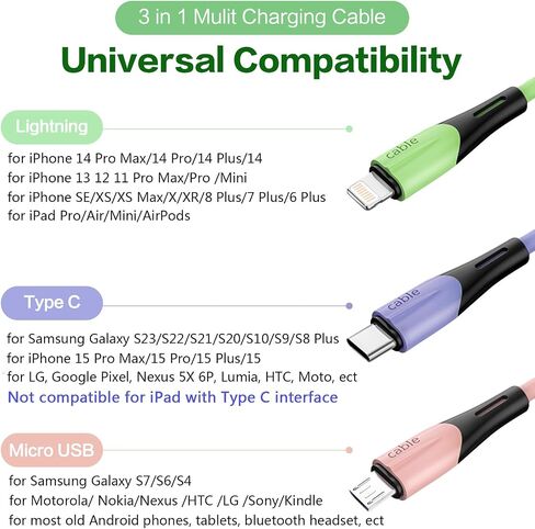 كابل شحن متعدد بطول 5 أقدام، 2 حزمة 3 في 1 كابل شاحن USB متعدد محول سلك شاحن الهاتف العالمي مع منفذ IP/USB C/Micro USB، للهاتف 15 14 Pro Max/Samsung Galaxy/Pixel/Tablet والمزيد in Kuwait