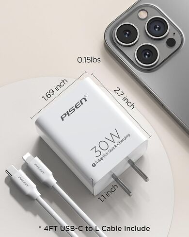 شاحن USB C 30 وات - كتلة شاحن سريع USB C، شاحن حائط 30 وات PD3.0 PPS UCB C مع كابل 4FT Tpye C إلى L، شاحن حائط USB C سريع 30 وات لهاتف iPhone 15/14/13/12/11/XR/XS/ سلسلة X/8، إيربودز، آيباد in Kuwait