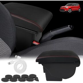 BHB Consoles Armrest Box Compatible with Kia Soul 2010-2013 Center Console Box Armrest Box USB Charge Black with Red Stitching