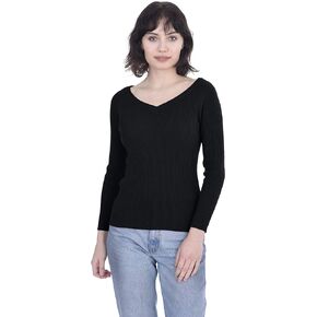 Scoop V-Neck Sweater 100% Cashmere Long Sleeve Pullover for Women
