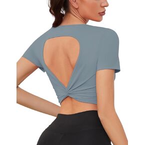 Loovoo Women Backless Workout Top Cute Short Sleeve Yoga Wear Slim Fit Lady Sexy Gym Outfit Built in Bra