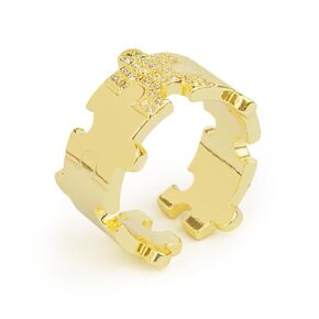 Beautiful Jigsaw Shapes Ring for Support Autism Awareness cause, Elegant Glitter Puzzle Gold Plated Ring with Inlaid Zircons. Adjustable between Size 6 to 8, for Women Design by Re-Do Bricks® Gift.