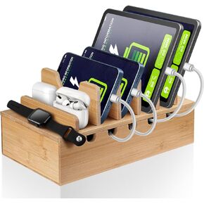 Bamboo Charging Station for Multiple Devices, Cell Phone Docking Charging Station Organizer, Nightstand Bedside Desk Device Charger Organizer for Laptop, Tablets and iPads