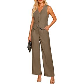 luvamia Pant Suits for Women Dressy Casual 2 Piece Sets Sleeveless Blazer Vest with High Rise Wide Leg Pants Work Office