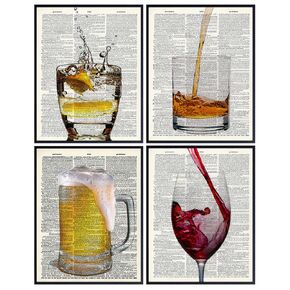 Upcycled Bar Dictionary Wall Art Prints - Set of Four (8X10) Vintage Unframed Photos - Perfect Gift for Game Room, Bar, or Man Cave Decor - Wine
