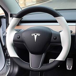 White/Black Perforated Leather Auto Steering Wheel Cover Hand-Stitch on Wrap Fit for Tesla Model 3/Tesla Model Y (Black+White)
