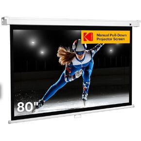 KODAK Manual Pull-Down White Projector Screen 80" Inch | Large 16:9 Office, Home Movie Theater Screen with Wall & Ceiling Mount Options, Easy-Clean Matte Fabric & Retractable Hanging Design | Indoor.