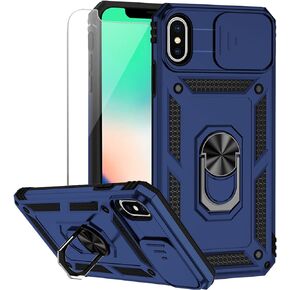 for iPhone X/iPhone Xs Case with Camera Lens Cover HD Screen Protector, Military Grade Drop Protection Magnetic Ring Holder Kickstand Protective Phone Case for iPhone X/Xs 5.8 inch (Black)