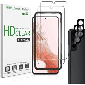 amFilm Hybrid Screen Protector for Samsung Galaxy S22 Plus 5g 6.6 inch, Samsung Galaxy S22 + 5g 6.6 inch, Fingerprint Compatible, Camera Lens Protector, HD Clear, Thermoplastic Elastomers, 2 Pack