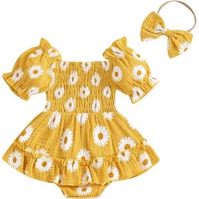 Lesimsam Newborn Baby Girl Clothes Daisy Romper Dress Short Sleeve Smocked Bubble Bodysuit Jumpsuit Cute Summer Outfit