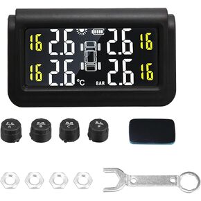 X AUTOHAUX Tire Pressure Monitoring System TPMS Wireless Solar Charger Monitor 5 Alarm Modes LCD Real Time Display with 4 External Sensors Temperature Pressure for Car RV SUV MPV Sedan