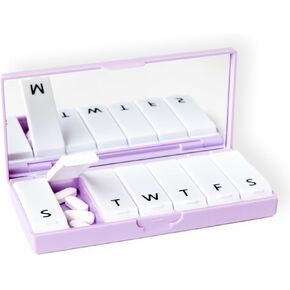 Designer Weekly Pill Box Organizer (Single 1X Daily, Lilac) | Compact, Stylish 7-Day Vitamin Supplement Case | Cute Portable Mini Travel Medicine Carrier | BPA-Free Pillbox Caddy