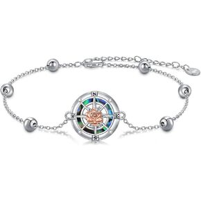 Compass Bracelet for Women 925 Sterling Silver Rose Flower Compass Bracelet Abalone Shell Jewelry for Girls Gifts