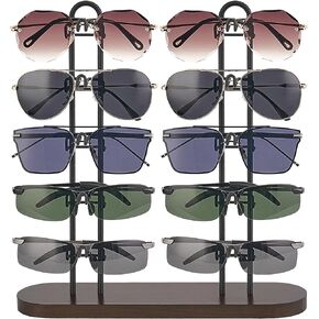 Mkono Sunglasses Organizer for 10 Pairs of Eyewear Glasses Holder Display Stand Sunglass Storage Eyeglasses Rack Double Metal Frames with Wood Base for Table Desk Countertop Dresser Bedroom