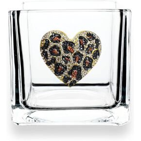 THE QUEENS' JEWELS Leopard Heart Jeweled 4x4 Candle Holder Vase - Unique Gift for Women, Birthday, Cute, Fun, Cocktail, Queen, Not Painted, Decorated, Bling, Bedazzled, Rhinestone