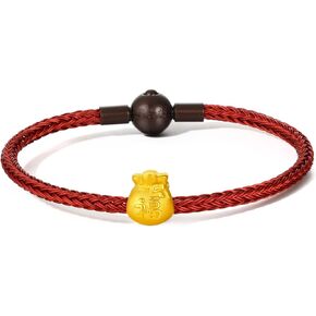 24K Solid Gold Bracelet, Real Gold Fortune Bag Charm Bracelet, Pure Gold Lucky Pocket Jewelry Red Bracelet for Women Men