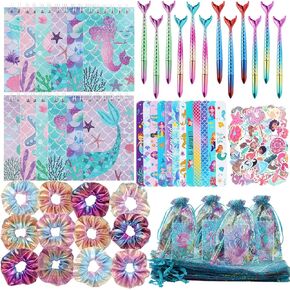 110 PCS Mermaid Party Favors for Girls Mermaid Birthday Decorations Party Supplies Include 12 Pen 12 Notepad 12 Shiny Metallic Scrunchies 12 Slap Bracelet 12 Gift Bag 50 Mermaid Sticker (Mermaid)