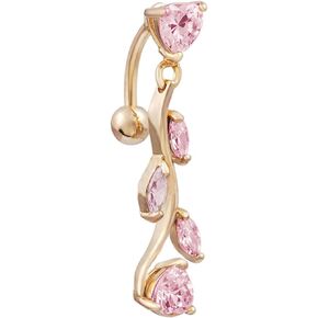 Heart Leaf Belly Button Rings 14G Surgical Stainless Steel Reverse Dangle Navel Barbell Stud Branch Cubic Zirconia Body Piercing