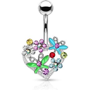 Forbidden Body Jewelry Surgical Steel Butterfly and Flower Heart Jeweled Belly Button Ring