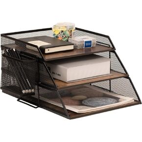 Set of 2 Vintage Wood & Metal Letter Tray，Desk Organizers Paper Tray，Office File Organizer(Black) in Kuwait