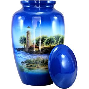 eSplanade Metal Cremation Urn Memorial Jar Pot Container | Full Size Urn for Funeral Ashes Burial | Lighthouse Printed Urn | Blue-Multi - 10" Inches