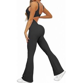 OVESPORT Workout Flare Jumpsuits Women Sexy Scrunch Butt Yoga Romper Backless Gym Bodycon V Back Seamless Unitard Playsuit