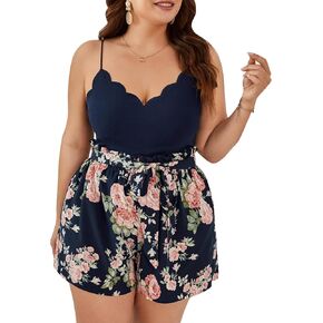 طقم شورت نسائي من MakeMeChic مكون من قطعتين بزخرفة صدفية علوية وحقيبة ورقية مطبوعة بالزهور على الخصر وحزام in Kuwait