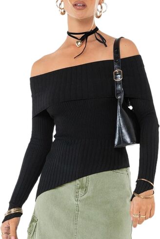 Off The Shoulder Sweater for Women Sexy Long Sleeve Knit Pullover Jumper Slim Fit Crop Tube Top One Shoulder Shirts in Saudi Arabia