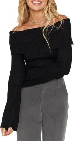 Off The Shoulder Sweater for Women Sexy Long Sleeve Knit Pullover Jumper Slim Fit Crop Tube Top One Shoulder Shirts in Saudi Arabia