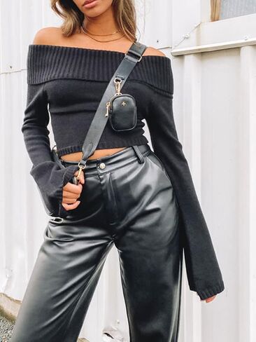 Off The Shoulder Sweater for Women Sexy Long Sleeve Knit Pullover Jumper Slim Fit Crop Tube Top One Shoulder Shirts in Saudi Arabia