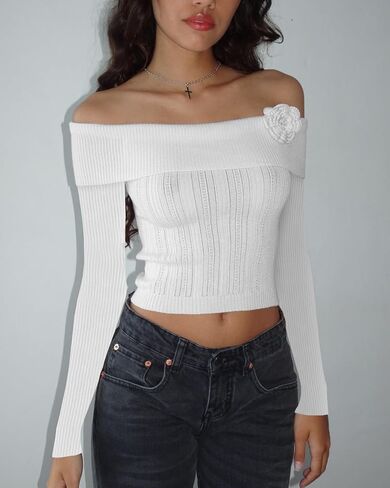 Off The Shoulder Sweater for Women Sexy Long Sleeve Knit Pullover Jumper Slim Fit Crop Tube Top One Shoulder Shirts in Saudi Arabia