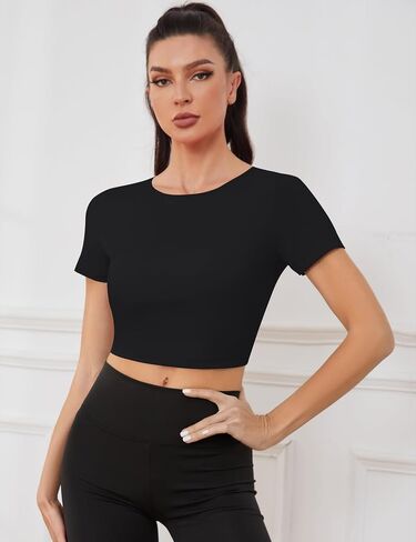 Loovoo Women Backless Workout Top Cute Short Sleeve Yoga Wear Slim Fit Lady Sexy Gym Outfit Built in Bra in Saudi Arabia