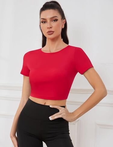 Loovoo Women Backless Workout Top Cute Short Sleeve Yoga Wear Slim Fit Lady Sexy Gym Outfit Built in Bra in Saudi Arabia