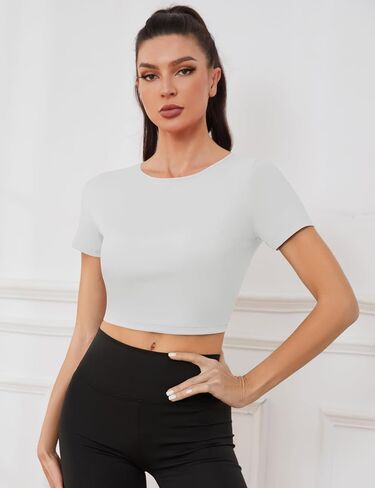 Loovoo Women Backless Workout Top Cute Short Sleeve Yoga Wear Slim Fit Lady Sexy Gym Outfit Built in Bra in Saudi Arabia