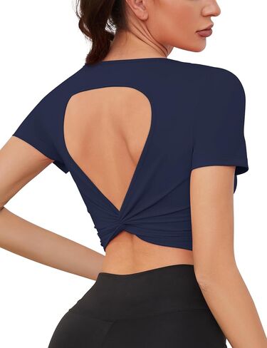 Loovoo Women Backless Workout Top Cute Short Sleeve Yoga Wear Slim Fit Lady Sexy Gym Outfit Built in Bra in Saudi Arabia
