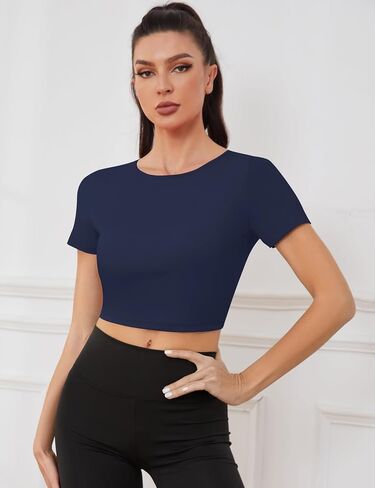 Loovoo Women Backless Workout Top Cute Short Sleeve Yoga Wear Slim Fit Lady Sexy Gym Outfit Built in Bra in Saudi Arabia